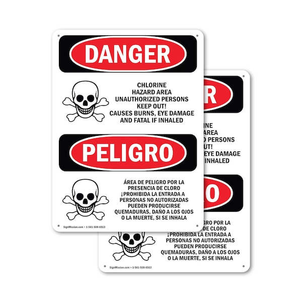 Signmission Chlorine Hazard Area Bilingual Danger Sign, Plastic, 7in W x 10in L, 2PK OS-2PACK-DS-P-710-VS-1067 - main
